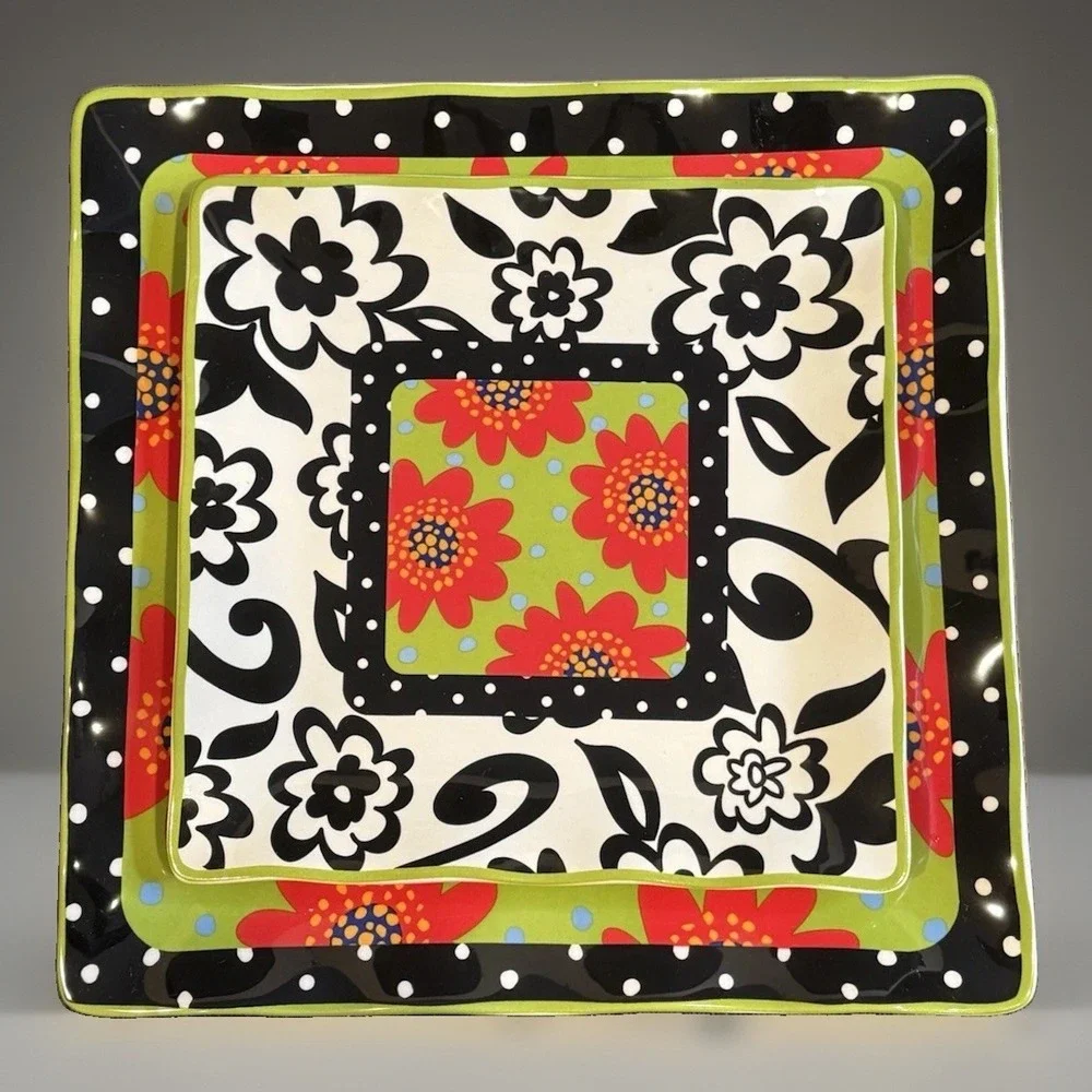 Set 2 Floral Ceramic Serving Plates Dish by Joyce Shelton Studios 11